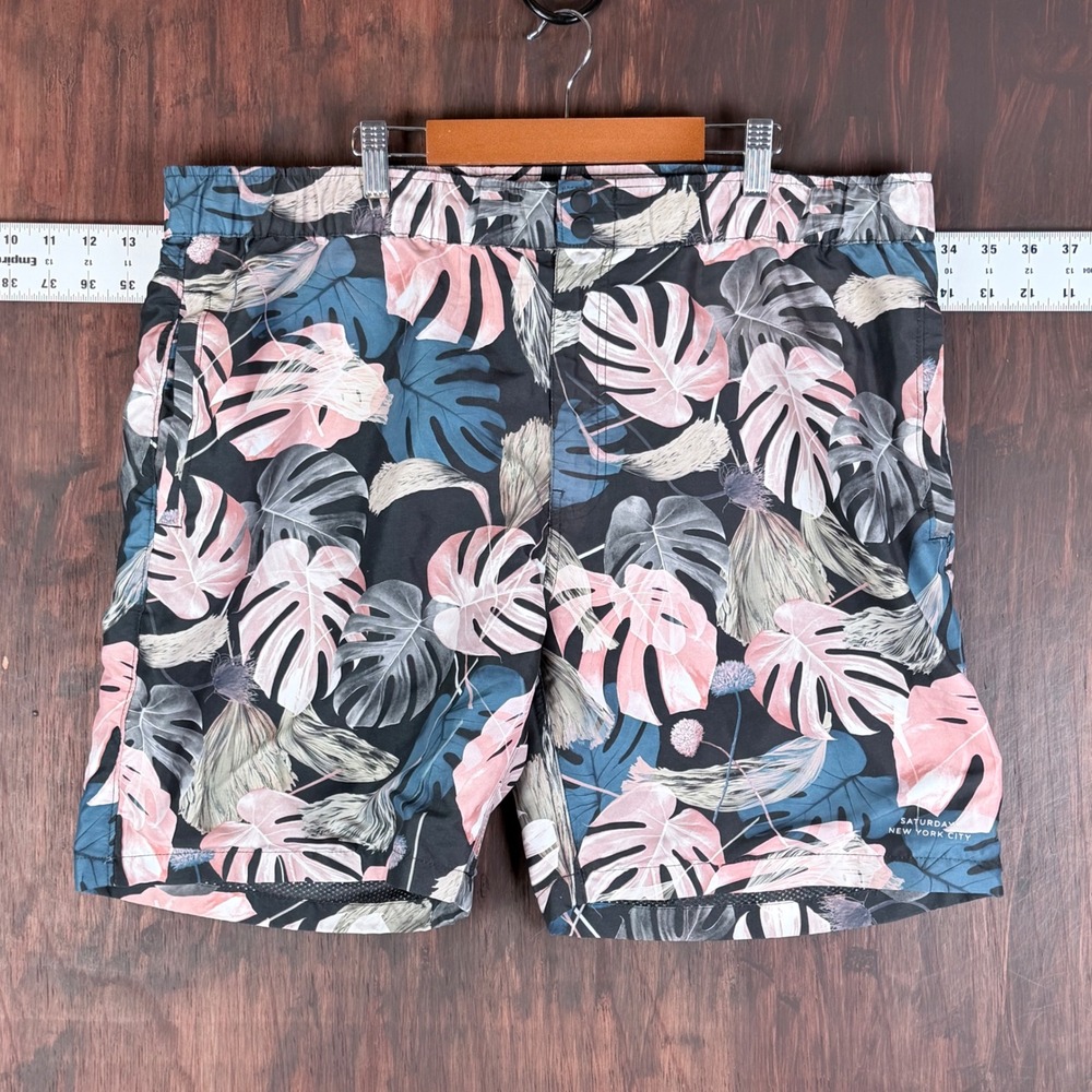 Saturdays New York City Tropical Monstera Leaf Print Board Shorts Pink‎ Mens XL